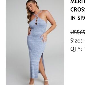 Showpo MERITHEL RIBBED KNIT CROSS HALTER MIDI DRESS IN SPACE DYE BLUE